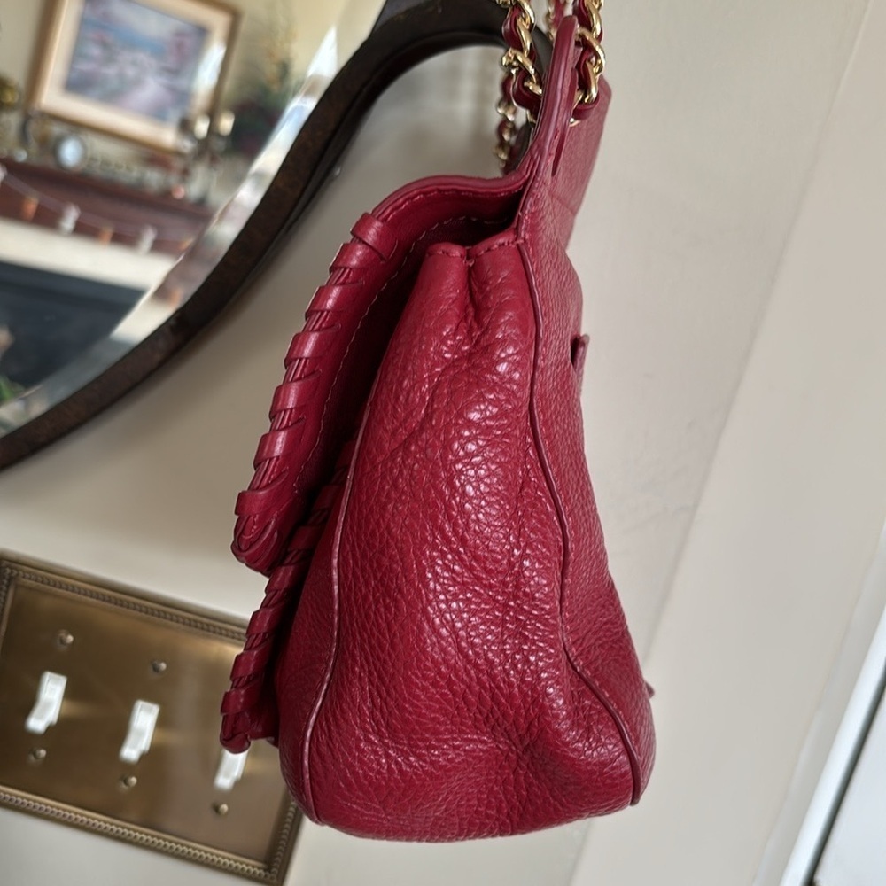 Tory Burch Genuine Leather Red Saddle Bag Gold Tone Chain Woven Shoulder Purse - Picture 11 of 16